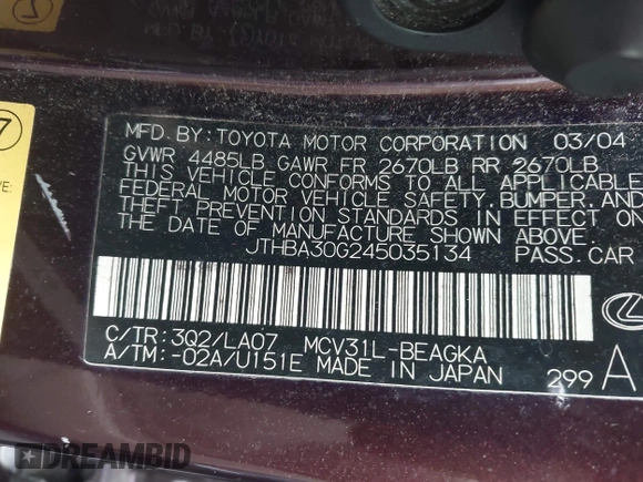 2004 Lexus ES 350 with VIN JTHBA30G245035134, listed as a IAAI auction lot 42197303 with 191,359 mi miles and . Bid and sale history available at DreamBid. Image 9.