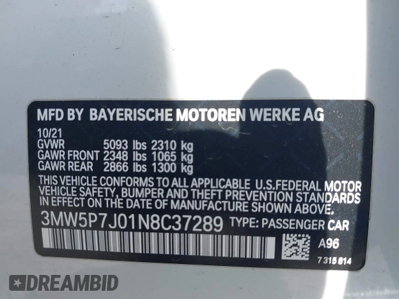 2022 BMW 3 Series 330e with VIN 3MW5P7J01N8C37289, listed as a IAAI auction lot 41765524 with 1 mi miles. Bid and sale history available at carsss.com. Image 9.