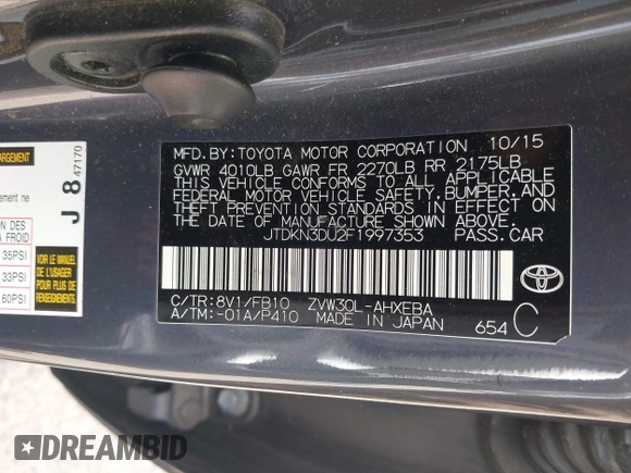 2015 Toyota Prius Four with VIN JTDKN3DU2F1997353, listed as a IAAI auction lot 42181646 with 143,538 mi miles and . Bid and sale history available at DreamBid. Image 9.