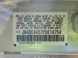 2000 Acura Integra LS with VIN JH4DC4453YS014754, listed as a Copart auction lot 61295265 with 135,573 mi miles and Salvage title. Bid and sale history available at DreamBid. Image 12.