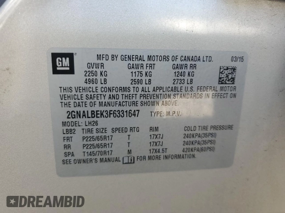 2015 Chevrolet Equinox LT with VIN 2GNALBEK3F6331647, listed as a Copart auction lot 48350215 with 122,341 mi miles and Clean Title. Bid and sale history available at carsss.com. Image 13.