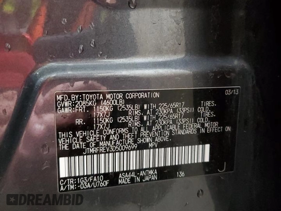 2013 Toyota RAV4 XLE с VIN JTMRFREV3D5009699, выставлен на аукционе Copart как лот 58484405 с пробегом 160 502 миль миль и Списание • Salvage title. История ставок и продаж доступна на DreamBid. Изображение 13.
