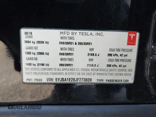 2018 Tesla Model S 75D with VIN 5YJSA1E28JF273809, listed as a IAAI auction lot 42029434 with 85,972 mi miles and . Bid and sale history available at DreamBid. Image 9.