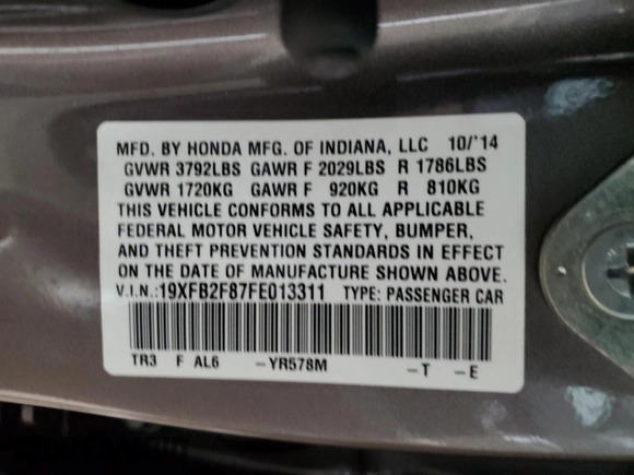 2015 Honda Civic EX z VIN 19XFB2F87FE013311, wystawiony jako Copart lot #51008855 z przebiegiem 107 471 mil mil oraz Szkoda całkowita • Salvage title. Historia ofert i sprzedaży dostępna na DreamBid. Obrazek 14.
