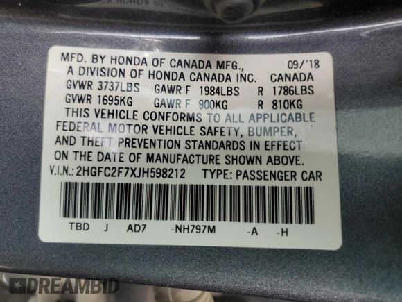 2018 Honda Civic EX with VIN 2HGFC2F7XJH598212, listed as a Copart auction lot 50825105 with 71,888 mi miles and Clean Title. Bid and sale history available at DreamBid. Image 12.