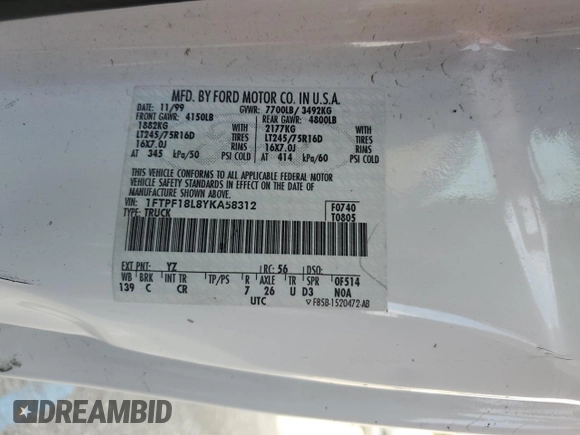 2000 Ford F-150 XL с VIN 1FTPF18L8YKA58312, выставлен на аукционе Copart как лот 45748355 с пробегом 200 263 миль миль и Списание • Salvage title. История ставок и продаж доступна на DreamBid. Изображение 13.