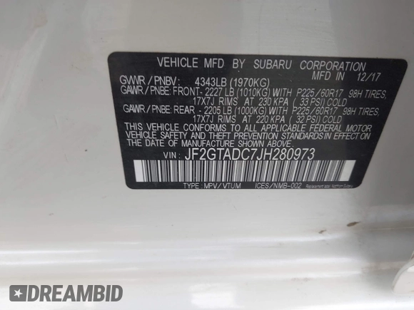 2018 Subaru Crosstrek Premium z VIN JF2GTADC7JH280973, wystawiony jako IAAI lot #41755157 z przebiegiem 72 011 mil mil oraz . Historia ofert i sprzedaży dostępna na DreamBid. Obrazek 9.