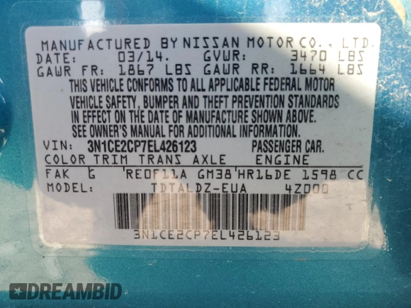 2014 Nissan Note SV with VIN 3N1CE2CP7EL426123, listed as a Copart auction lot 55440145 with 86,912 mi miles and Salvage title. Bid and sale history available at DreamBid. Image 12.