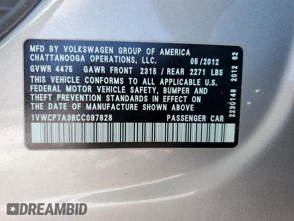 2012 Volkswagen Passat SEL with VIN 1VWCP7A36CC097828, listed as a Copart auction lot 46071215 with 156,525 mi miles and Salvage Title. Bid and sale history available at carsss.com. Image 12.