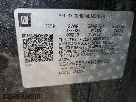 2019 Chevrolet Malibu LS z VIN 1G1ZB5ST7KF185128, wystawiony jako Copart lot #46934805 z przebiegiem 94 260 mil mil oraz Szkody całkowita. Historia ofert i sprzedaży dostępna na DreamBid. Obrazek 12.