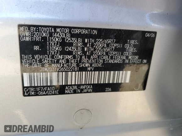2006 Toyota RAV4 Limited with VIN JTMZD31V265022181, listed as a Copart auction lot 59937355 with 106,502 mi miles and Salvage title. Bid and sale history available at DreamBid. Image 13.