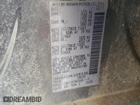 2024 Nissan Titan SV with VIN 1N6AA1EE5RN109336, listed as a Copart auction lot 51189775 with 24,894 mi miles and Salvage title. Bid and sale history available at DreamBid. Image 12.
