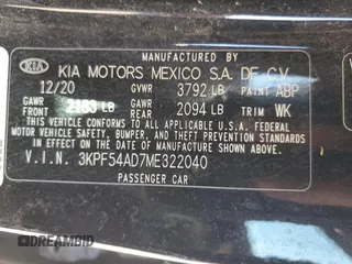 2021 Kia Forte EX with VIN 3KPF54AD7ME322040, listed as a Copart auction lot 79508634 with 60,686 mi miles and Salvage Title. Bid and sale history available at DreamBid. Image 12.