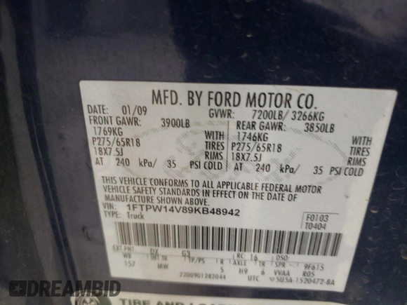 2009 Ford F-150 XL with VIN 1FTPW14V89KB48942, listed as a Copart auction lot 48943945 with 135,989 mi miles and Salvage Title. Bid and sale history available at carsss.com. Image 12.