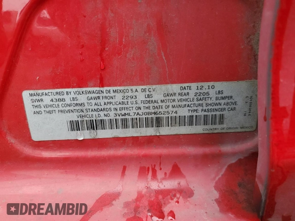2011 Volkswagen Jetta TDI z VIN 3VWML7AJ0BM652574, wystawiony jako Copart lot #47894725 z przebiegiem 190 183 mil mil oraz Szkoda całkowita • Salvage title. Historia ofert i sprzedaży dostępna na DreamBid. Obrazek 12.