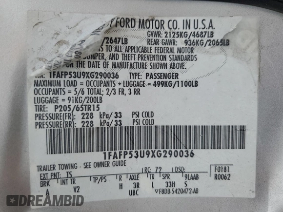 1999 Ford Taurus SE with VIN 1FAFP53U9XG290036, listed as a Copart auction lot 53505065 with 200,149 mi miles and Salvage title. Bid and sale history available at DreamBid. Image 13.
