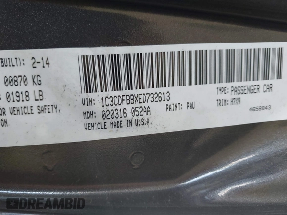 2014 Dodge Dart SXT with VIN 1C3CDFBBXED732613, listed as a IAAI auction lot 42550372 with 69,732 mi miles and . Bid and sale history available at DreamBid. Image 9.
