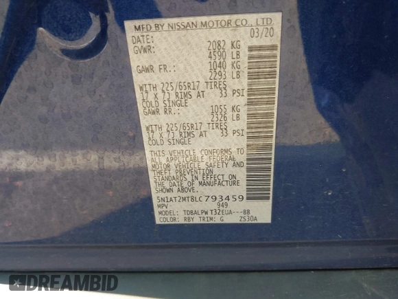 2020 Nissan Rogue S with VIN 5N1AT2MT8LC793459, listed as a IAAI auction lot 42159679 with 84,951 mi miles and . Bid and sale history available at DreamBid. Image 9.