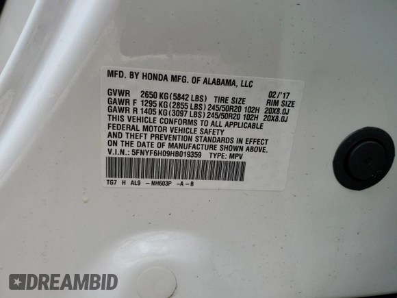 2017 Honda Pilot Elite with VIN 5FNYF6H09HB019359, listed as a Copart auction lot 49172175 with 25,167 mi miles and Salvage Title. Bid and sale history available at DreamBid. Image 13.