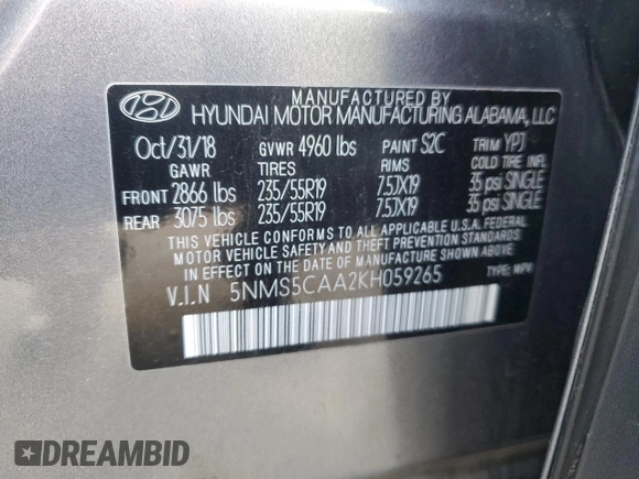 2019 Hyundai Santa Fe Ultimate with VIN 5NMS5CAA2KH059265, listed as a Copart auction lot 48357665 with 5,312 mi miles and Salvage Title. Bid and sale history available at carsss.com. Image 14.