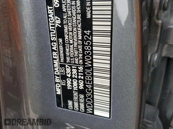 2020 Mercedes-Benz A 220 with VIN WDD3G4EB0LW038524, listed as a Copart auction lot 60935895 with 99,877 mi miles and Salvage title. Bid and sale history available at DreamBid. Image 12.