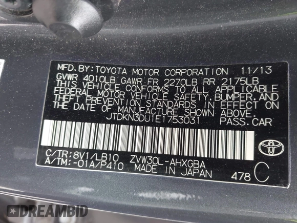 2014 Toyota Prius Four with VIN JTDKN3DU1E1753031, listed as a IAAI auction lot 42189474 with 103,472 mi miles. Bid and sale history available at carsss.com. Image 9.