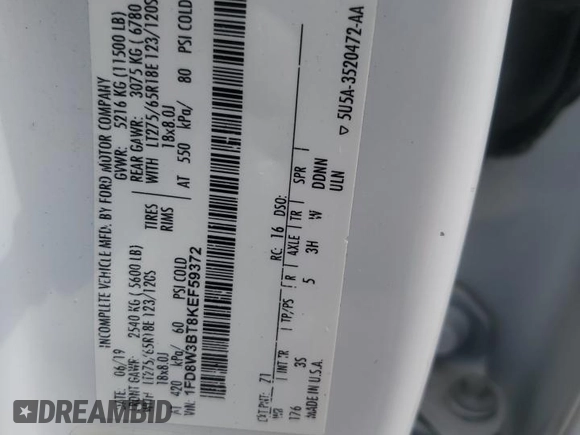 2019 Ford F-350 with VIN 1FD8W3BT8KEF59372, listed as a Copart auction lot 57202484 with 216,006 mi miles and Salvage title. Bid and sale history available at DreamBid. Image 12.