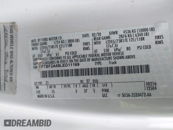 2020 Ford F-250 XL z VIN 1FTBF2A68LED11169, wystawiony jako IAAI lot #41415527 z przebiegiem 68 232 mil mil oraz . Historia ofert i sprzedaży dostępna na DreamBid. Obrazek 9.