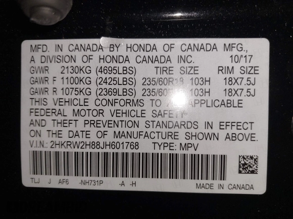 2018 Honda CR-V EX-L with VIN 2HKRW2H88JH601768, listed as a IAAI auction lot 41864236 with 63,847 mi miles. Bid and sale history available at carsss.com. Image 9.