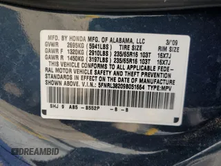 2009 Honda Odyssey LX z VIN 5FNRL38209B051664, wystawiony jako Copart lot #56710125 z przebiegiem 123 mil mil oraz Nie do naprawy • Non repairable. Historia ofert i sprzedaży dostępna na DreamBid. Obrazek 13.