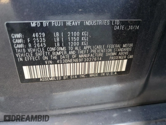 2015 Subaru Legacy 3.6R Limited with VIN 4S3BNEN69F3027614, listed as a Copart auction lot 76845043 with 171,483 mi miles. Bid and sale history available at carsss.com. Image 12.