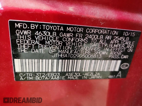 2016 Lexus IS 200t with VIN JTHBA1D29G5008813, listed as a Copart auction lot 59875535 with Not provided miles and Salvage title. Bid and sale history available at DreamBid. Image 13.