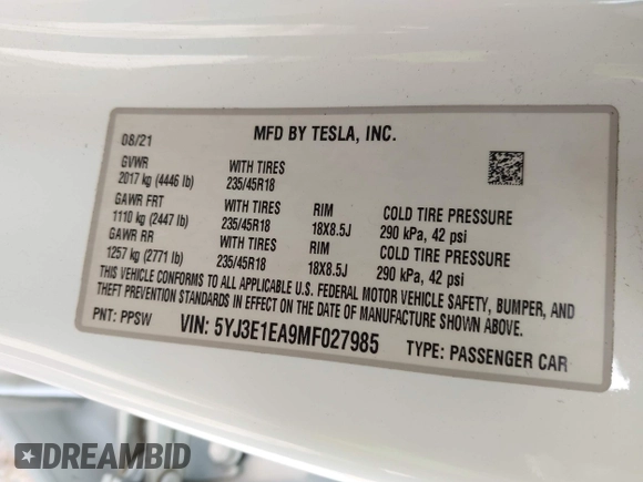 2021 Tesla Model 3 Standard Range Plus z VIN 5YJ3E1EA9MF027985, wystawiony jako IAAI lot #42045254 z przebiegiem 42 353 mil mil oraz . Historia ofert i sprzedaży dostępna na DreamBid. Obrazek 9.