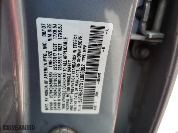 2007 Honda CR-V EX-L with VIN 5J6RE487X7L006392, listed as a Copart auction lot 70710854 with 147,244 mi miles and Salvage Title. Bid and sale history available at carsss.com. Image 14.