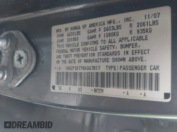 2008 Honda Accord EX with VIN 1HGCP26778A047817, listed as a IAAI auction lot 42183845 with 200,887 mi miles and . Bid and sale history available at DreamBid. Image 9.