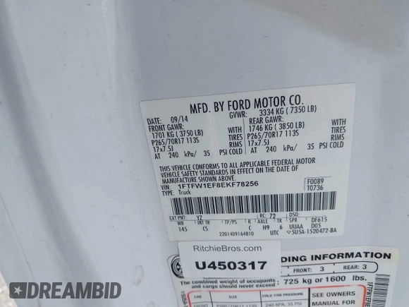 2014 Ford F-150 XL with VIN 1FTFW1EF8EKF78256, listed as a IAAI auction lot 42485237 with 259,155 mi miles and . Bid and sale history available at DreamBid. Image 9.