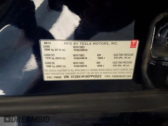 2014 Tesla Model S 60 with VIN 5YJSA1H16EFP43523, listed as a Copart auction lot 63291145 with Not provided miles and Clean title. Bid and sale history available at DreamBid. Image 12.