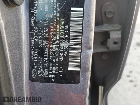 2017 Hyundai Accent Value Edition with VIN KMHCT4AE8HU315098, listed as a Copart auction lot 53959225 with 98,882 mi miles and Salvage Title. Bid and sale history available at DreamBid. Image 12.