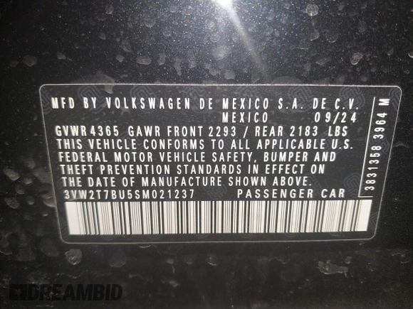 2025 Volkswagen Jetta GLI Autobahn z VIN 3VW2T7BU5SM021237, wystawiony jako IAAI lot #41271660 z przebiegiem 1092 mil mil oraz . Historia ofert i sprzedaży dostępna na DreamBid. Obrazek 9.