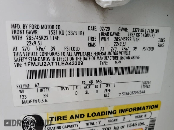 2020 Ford Expedition Limited with VIN 1FMJU2AT1LEA43309, listed as a Copart auction lot 51174195 with 57,550 mi miles and Salvage title. Bid and sale history available at DreamBid. Image 15.