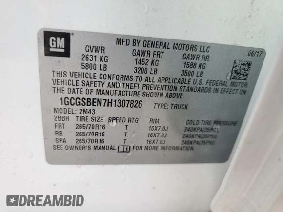 2017 Chevrolet Colorado 2WD WT with VIN 1GCGSBEN7H1307826, listed as a Copart auction lot 84059904 with 100,455 mi miles and Salvage title. Bid and sale history available at DreamBid. Image 14.
