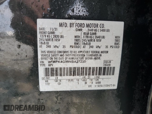 2022 Ford Edge SE z VIN 2FMPK4G99NBA27235, wystawiony jako Copart lot #56107895 z przebiegiem 37 232 mil mil oraz Szkoda całkowita • Salvage title. Historia ofert i sprzedaży dostępna na DreamBid. Obrazek 14.