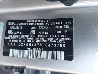 2015 Kia Optima LX with VIN 5XXGM4A78FG473769, listed as a IAAI auction lot 42008139 with 124,641 mi miles and . Bid and sale history available at DreamBid. Image 9.