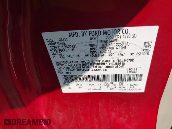 2012 Ford Escape XLT with VIN 1FMCU0DG9CKA56936, listed as a IAAI auction lot 42573722 with 138,232 mi miles and . Bid and sale history available at DreamBid. Image 9.