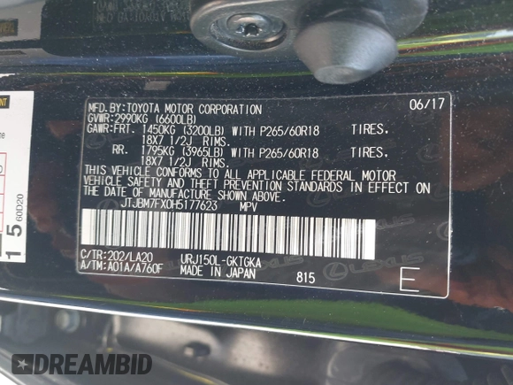 2017 Lexus GX 460 z VIN JTJBM7FX0H5177623, wystawiony jako IAAI lot #42293490 z przebiegiem 79 430 mil mil oraz . Historia ofert i sprzedaży dostępna na DreamBid. Obrazek 9.