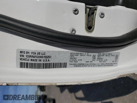 2022 Ram 1500 Tradesman with VIN 1C6RR6FGXNS155257, listed as a Copart auction lot 77655834 with 35,886 mi miles and Salvage title. Bid and sale history available at DreamBid. Image 12.