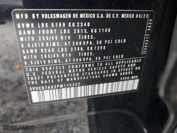 2023 Volkswagen Tiguan SE R-Line Black with VIN 3VVCB7AX2PM115333, listed as a Copart auction lot 48322895 with 45,278 mi miles and Clean Title. Bid and sale history available at carsss.com. Image 13.