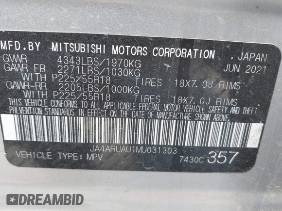 2021 Mitsubishi Outlander ES z VIN JA4ARUAU1MU031303, wystawiony jako IAAI lot #42099300 z przebiegiem 43 391 mil mil oraz . Historia ofert i sprzedaży dostępna na DreamBid. Obrazek 9.