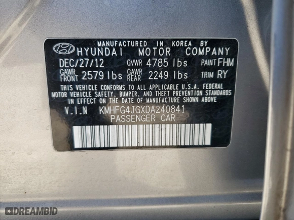 2013 Hyundai Azera with VIN KMHFG4JGXDA240841, listed as a Copart auction lot 82084474 with 168,746 mi miles and Salvage Title. Bid and sale history available at carsss.com. Image 13.