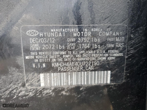 2013 Hyundai Elantra GLS PZEV with VIN KMHDH4AE4DU722190, listed as a Copart auction lot 46838475 with 234,391 mi miles and Salvage Title. Bid and sale history available at carsss.com. Image 14.
